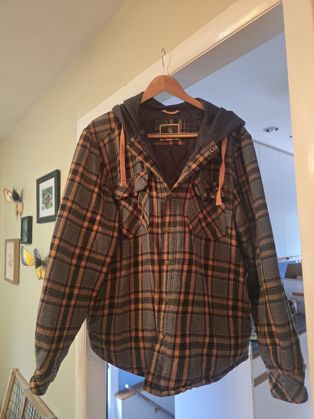 Men's Plaid Hooded Shirt in Brown & Orange Like New, Size L